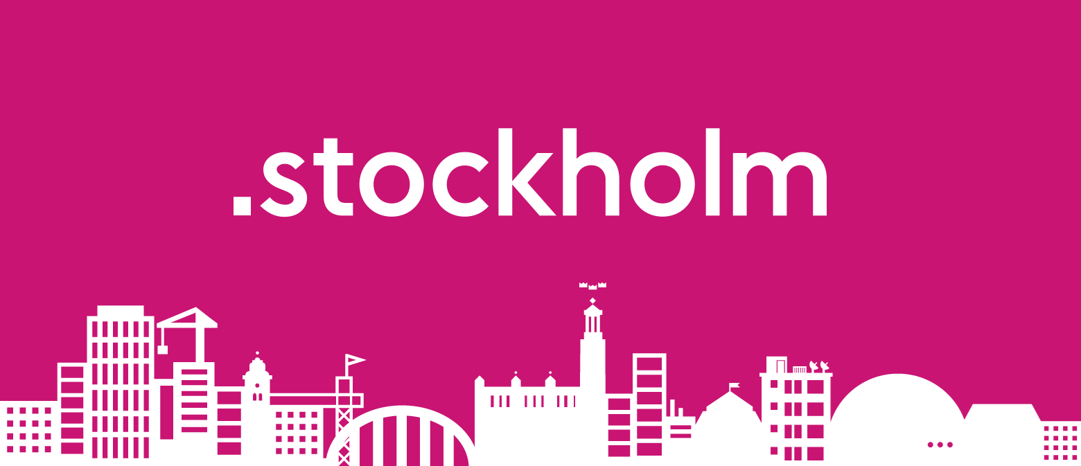 Silhuett av Stockholm med rosa bakgrund och texten .stockholm i mitten